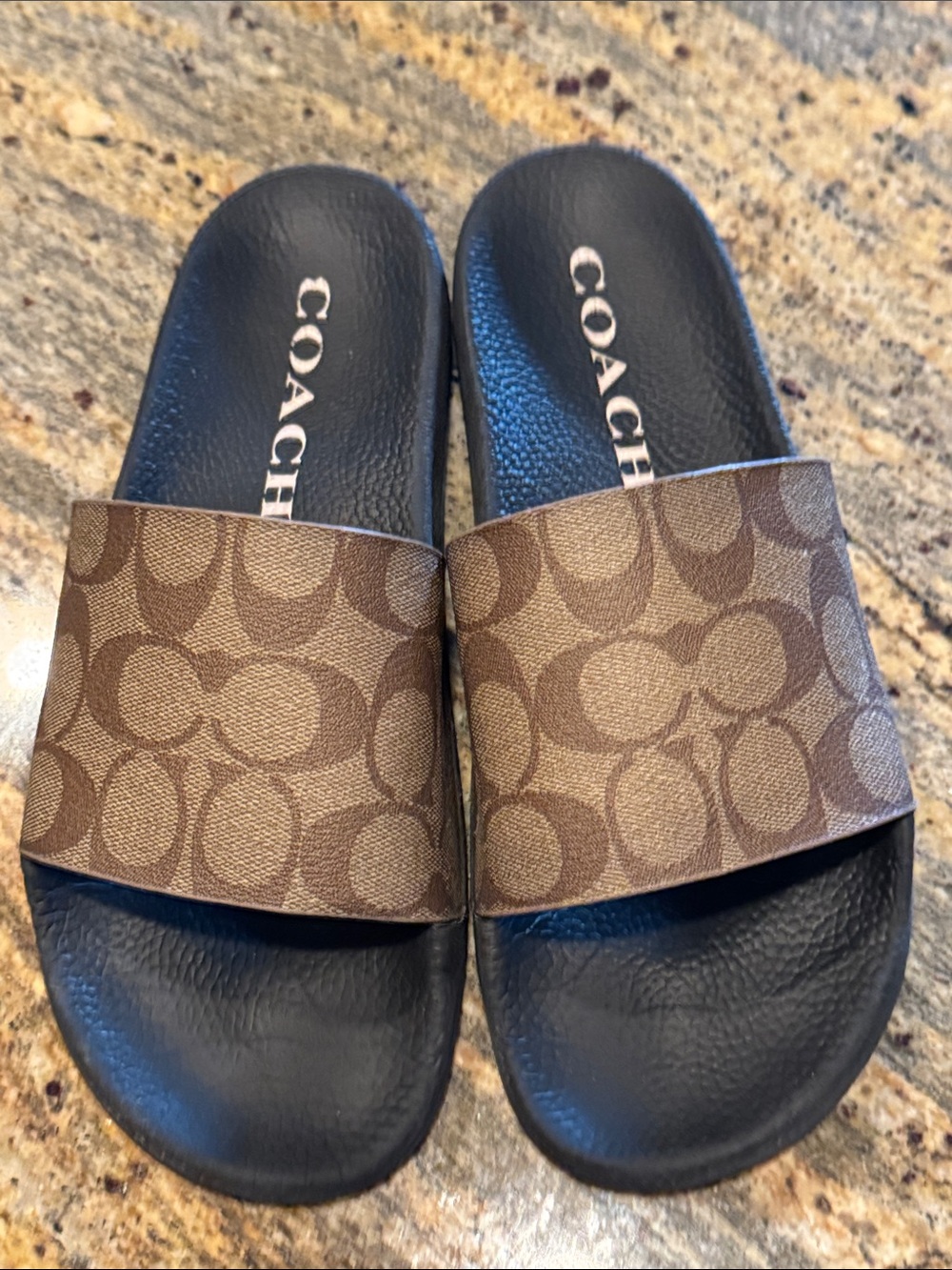 Coach Brown Logo Slide Sandals with Black Footbed